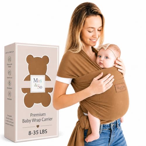Baby Wrap Carrier - Breathable Cotton Newborn to Toddler Carrier 8-35 lb - Secure Postpartum Baby Holder with Front Pocket by Max&So (Brown)