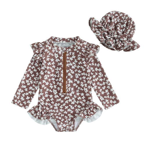 Bagilaanoe Rashguard Long Sleeve Flower Print Zipper Toddler Baby Girls One Piece Swimsuit 6M-3T