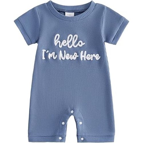 Newborn Baby Boy Summer Outfit Romper Letter Embroidery Short Sleeve Jumpsuit Bodysuit Cute Infant Waffle Clothes