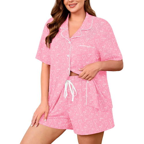 SHOWMALL Women's Plus Size 2 Piece Pajama Set, Short Sleeve Button Down Sleepwear with Pockets, Pink Hearts 4X Soft Loungewear for home, Mother's Day Gift