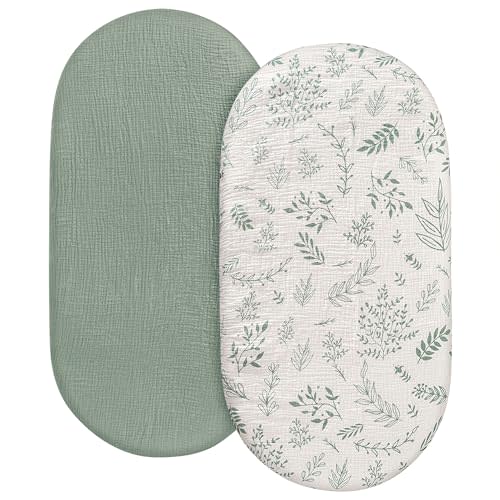 Muslin Bassinet Fitted Sheets, 2 Pack for Baby Boy and Girl, Soft Breathable Stretchy Baby Pad/Mattress Sheet Set, Universal Fit for Hourglass Oval and Rectangle Bassinet Mattress (Bright Leaves)