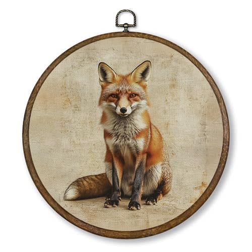 Qskjre Vintage Fox Wall Art Decor, Woodland Wildlife Fox Round Wood Framed Canvas Wall Artwork, Rustic Forest Animal Hanging Prints for Kids Nursery Living Room Bedroom Decorations 10"x10"