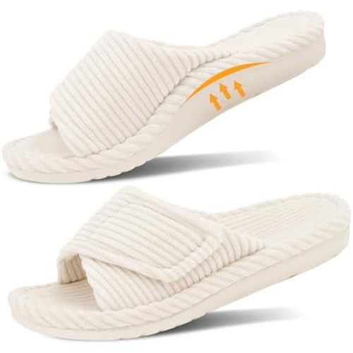Orthopedic Arch Support Slippers for Women Fuzzy Adjustable Orthotic Slippers for Plantar Fasciitis Ladies Furry Supportive Corduroy Memory Foam Open Toe Gift Slide