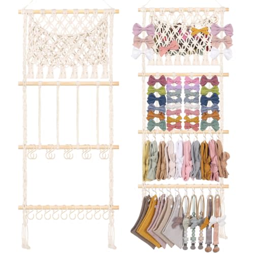 POVETIRE Headband Holder Hair Bow Organizer for Girls,Macrame Bow Holder Hair Accessories Organizer Storage Large Capacity Wall Hanging for Toddler Girl Nursery Room Decor