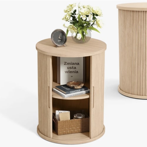 LINSY HOME Round End Table, Fluted Side Table with Sliding Tambour Door and Storage Shelf, Mid Century Modern Circular Nightstand for Bedroom, Wood Boho Tall Bedside Cabinet for Small Space, Oak