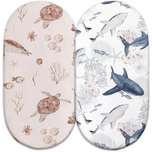 Gllquen Baby Bassinet Sheets Set 2-Pack, Breathable Cozy Bassinet Fitted Sheet Universal Fit Standard Mattress Oval Rectangle Cradle Baby Sheets for Baby Boy Girls Unisex 32"x16" (Sea Turtle)