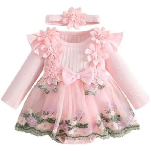 Douhoow Baby Girl Romper Dress Embroidery Lace Flowers Baby Dress Romper Fall Winter Festival Clothes with Headband