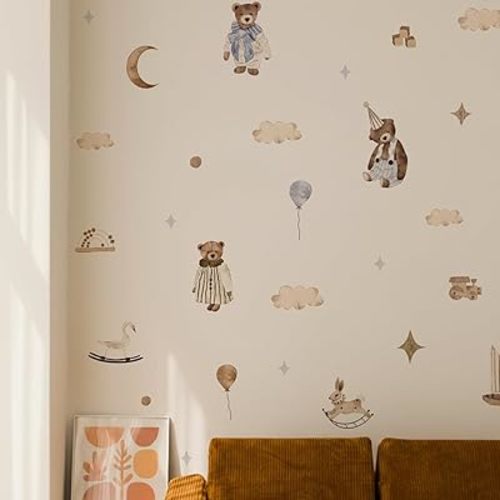 Boho Vintage Cute Teddy Baby Sailboat Ball Wall Stickers for New Neutral Kids Room Decor,Vinyl DIY Watercolor Decals for Babies Nursery Wall Art Gift