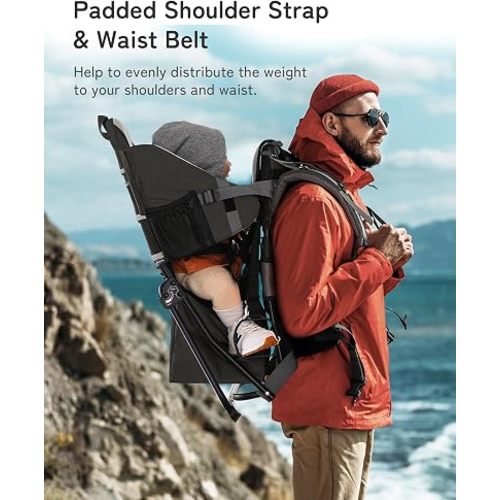 Toddler Hiking Backpack with Safety 3-Height Seat, Adjustable Straps&Waist Belt, Foldable Frame Lightweight Large Capacity Child Carrier for Hiking (Black)