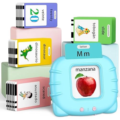 Spanish English Bilingual Learning Toys, Educational ABC Talking Flash Cards with 520 Sight Words, Autism Sensory Toys, Toddler Toys for 2 3 4 5 6 Year Old, Easter/Xmas/Birthday Gift, Blue