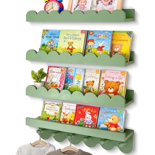 OurWarm Floating Book Shelves for Wall, 16 Inch Nursery Book Shelves Wall Shelves for Kids Room Set of 4, Wood Scalloped Bookshelf for Nursery Kids Bedroom Restroom Kitchen Living Room Decor