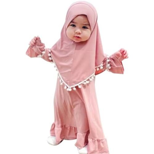 ODASDO Newborn Infant Baby Girls Prayer Dress Muslim Clothes for Toddler Kids Long Sleeve Abaya with Hijab Two Piece Set
