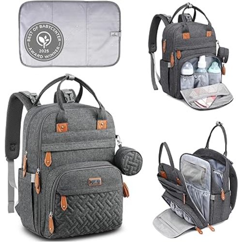 BabbleRoo Diaper Bag Backpack - Baby Essentials Travel Tote - Multi Function Water Resistant Diaper Bag, Travel Essentials Baby Bag with Changing Pad, Stroller Straps & Pacifier Case - Dark Gray