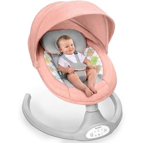 Bioby Baby Swing for Infants with 5 Natural Sway Speeds, Portable Bt Music Baby Swing with Remote Control & 5-Point Harness, Lightweight Baby Rocker for 5-20 Lb,0-12 Months Pink
