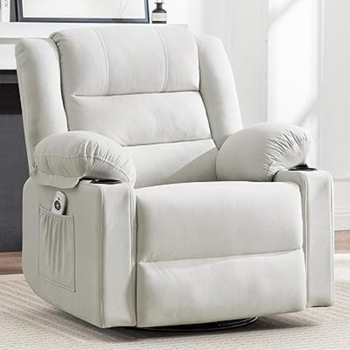 Swivel Rocking Recliner Chair with Massage and Heat,Oversized Rocker Recliner for Adults, Upholstered Fabric Reclining Single Sofa Chair for Living Room,Nursery (Beige)