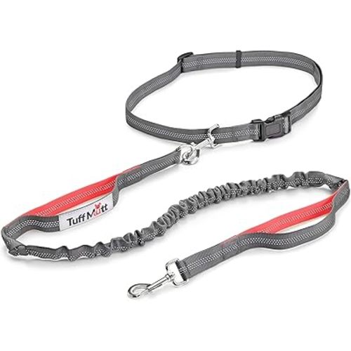 Tuff Mutt Hands Free Dog Leash for Walking Running Hiking, Waist Leash with Bungee, Adjustable Belt, Reflective Double Handle Design for Large Medium Dogs