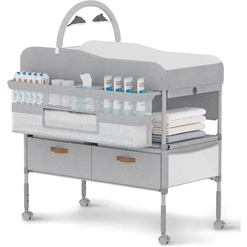 Diaper Changing Station, Portable Changing Table for Baby, Diaper Changing Table with Storage Drawers, Waterproof Baby Changing Station with Wheels and Adjustable Height for Newborn Infant and Toddler