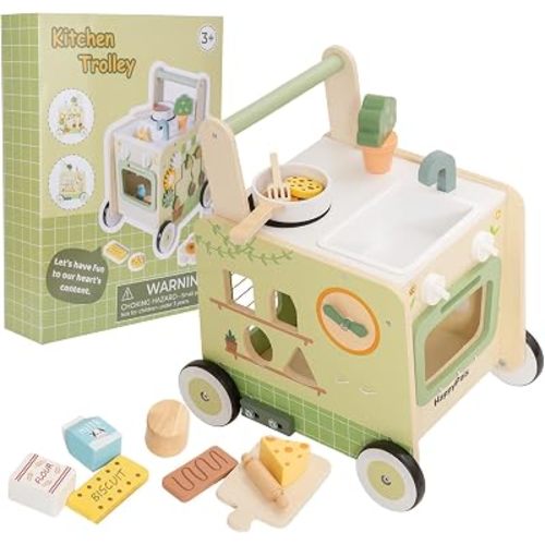 6-in-1 Wooden Baby Push Walker, Montessori Activity Center for Toddlers 1-3
