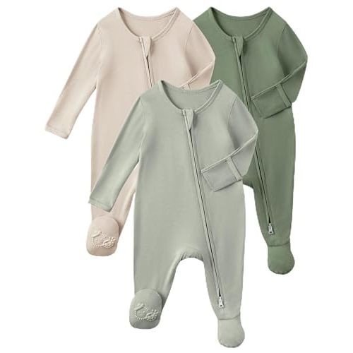 Yoofoss Viscose Bamboo Baby Pajamas Newborn Sleepers For Boy Girl Clothes | Footed Pajamas for Newborn 0-3 3-6 6-9 Months , Two Way Zipper 3Pcs Soft Sleep and Play Infant Pjs with Mitten Cuffs