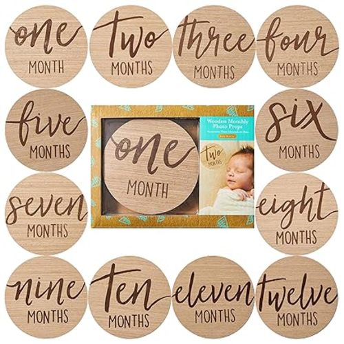 Monthly Milestone Marker Discs - Classic Cursive Script Wooden Discs with Reversible Photo Props for Baby Announcement and Milestones, Gender-Neutral Gift for Newborn Boy and Girl