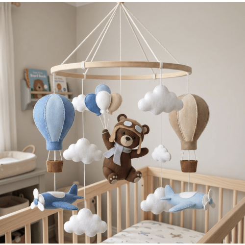 Aviator Bear Baby Mobile, Custom Hot Air Balloon Nursery Decor, Felt Airplane Crib Mobile, Cloud Sky Theme, Newborn Baby Shower Gift Idea