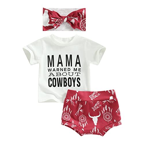 HAPRIZERA Western Baby Girl Clothes Short Sleeve Letter T-Shirt Cow Print Shorts with Headband 3Pcs Summer Cowgirl Outfit