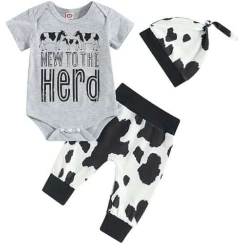 SAYOO Western Newborn Baby Boys Cowboy Outfit Cow Print Letter Bodysuit Long Leggings Cap 3pcs Infant Boy Country Clothes