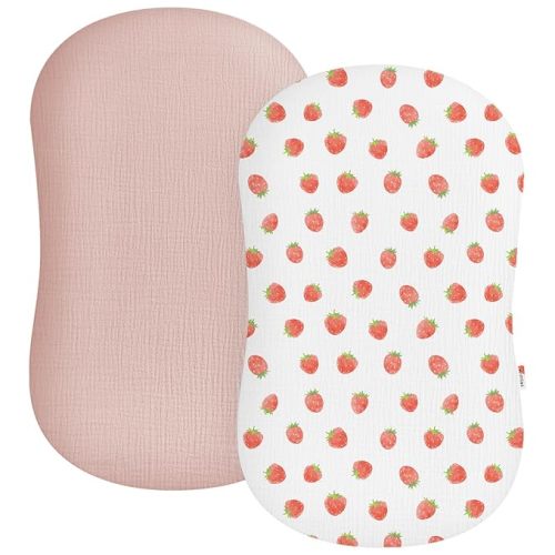 Muslin Baby Lounger Cover 2 Pack, Soft Breathable Newborn Lounger Pillow Cover for Boys Girls Infant (Strawberry & Pale Pink)