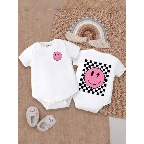 SHEIN Baby Girls' Casual Black And White Checkerboard Triangle Romper With Funny Face Print, Short Sleeves | SHEIN USA