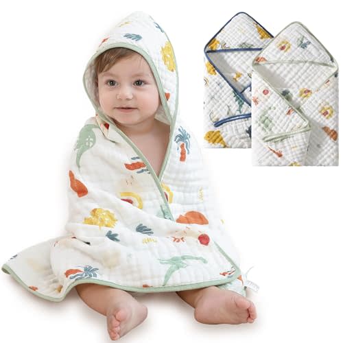 usbettas Muslin Hooded Baby Towels 2 Pack, Ultra Soft & Absorbent Baby Bath Towels, Bath & Beach Essentials, Shower Gifts for Newborns, Babies, Infant, Toddler - 32x32 Inch (Dolphin & Dinosaur)