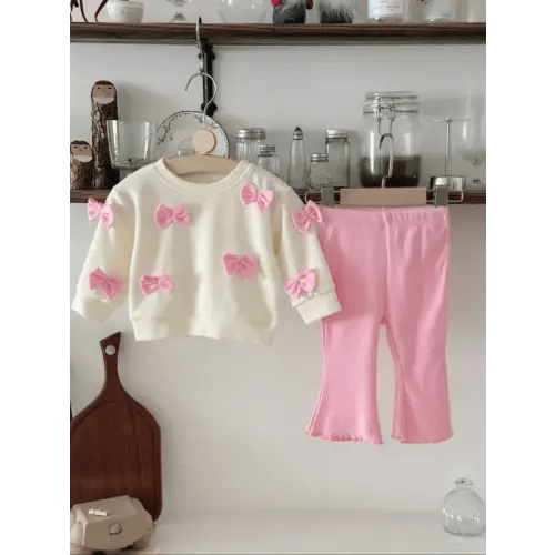 Cute Bow Decor Sweatshirt & Flare Leg Pants, Casual Soft Comfy | Black Friday Sale TikTok Shop