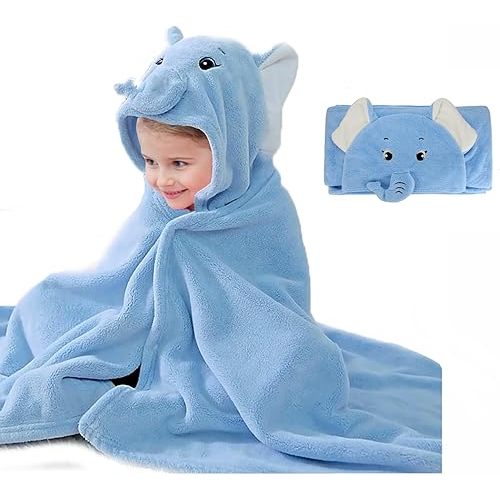 ROMASA Baby Bath Towel Ultra Soft Hooded Towel Highly Absorbent Bathrobe Blanket Toddlers Shower Gifts for Boys Girls-27.5" x 55" (Blue Elephant)
