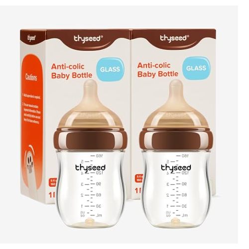 Thyseed Anti-Colic Glass Baby Bottle for Breastfed Infants, Natural Feeding, Breast-Like Newborn Slow Flow Nipple (3m+), 8 oz, 2 Pack