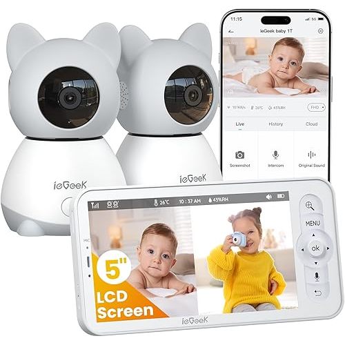 ieGeek Baby Monitor with 2 Cameras, 5" Large Screen Split-Screen Video Baby Monitor | 2K HD Non-WiFi Monitor with App & Parent Unit | Night Vision, 2-Way Audio, Cry Detection, Temperature Sensor