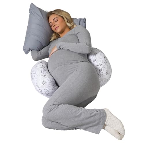 Boppy Side Sleeper Pregnancy Pillow, Gray Falling Leaves, Portable, Supportive Pregnancy Pillows for Sleeping on Your Side, Stay-Put Design with Stretchy Center Panel That Grows with Your Bump
