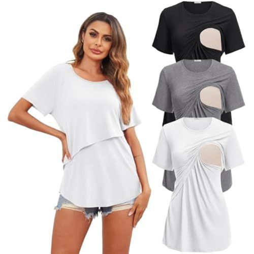 Ekouaer Women's Maternity Shirts Short Sleeves Nursing Tops 3 Pack Double Laye Breastfeeding Tees Pregnancy Clothes S-XXL