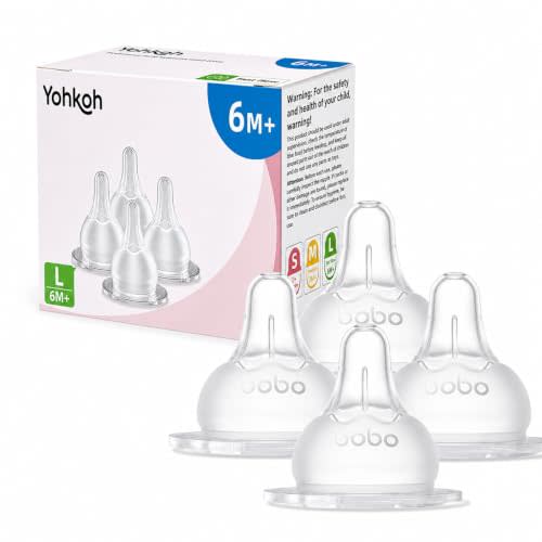 YOHKOH Baby Bottle Nipples for Wide Neck Bottles, 100% Natural Feel Silicone Nipples, BPA-Free (6m+, L, 4 Counts)