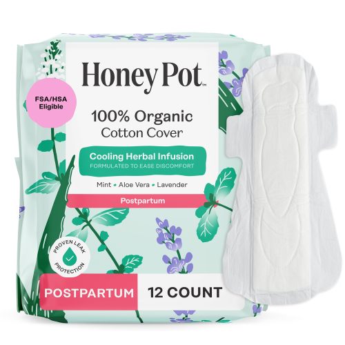 Amazon.com: The Honey Pot Company - Cooling - Postpartum Pads - Postpartum Essentials | Cooling Effect - Infused w/Mint, Aloe, Lavender - Organic Cotton Cover - Pads for Women w/Wings - Feminine Care - 12ct
