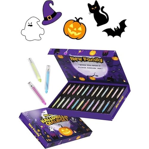 NewFamily Halloween Dustless Chalk Set - 24 Colors, Non-Toxic Washable Chalk with Spooky-Themed Magnetic Drawing Boards, Festive Gift for Kids & Toddlers