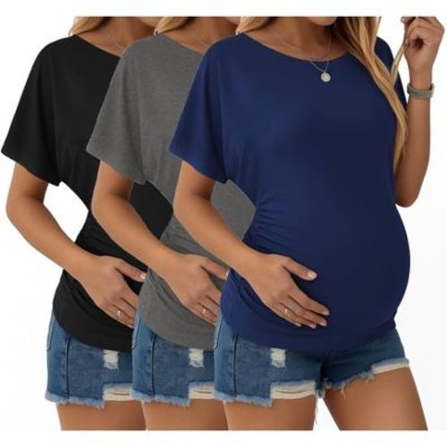 Ekouaer Maternity Shirts 3 Packs Dolman Sleeve Side Ruched Tops Tunic Casual Pregnancy Clothes Black/Navy Blue/Dark Gray M