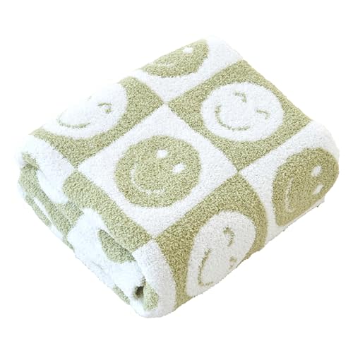 Ultra Soft Cozy Happy Smiling Face Checkered Knitted Baby Blanket Fluffy Microfiber Checkerboard Bed Blanket Lightweight Both Sides for Couch Sofa Bed (Smile Green, Baby 30"x40")
