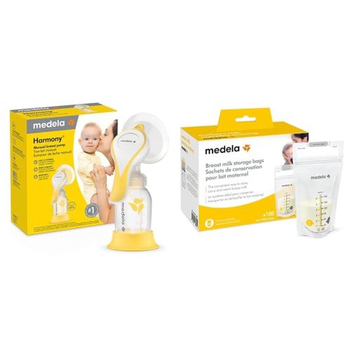 Medela New Harmony Manual Breast Pump with Flex Breast Shield and 100 Count Breast Milk Storage Bags, Compact Single Hand Breastpump, Ready to Use Breastmilk Bags for Breastfeeding