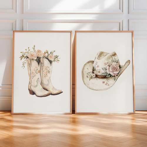Cowgirl Wall Art Set, Western Nursery Prints, Vintage Cowgirl Boots Hat Decor, Rustic Girls Room Art, Boho Baby Shower, Digital Download
