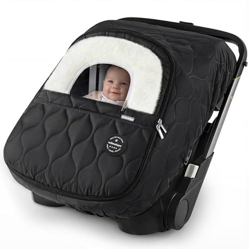 Winter Baby Car Seat Cover, Waterproof, Windproof Warm Fleece Breathable with Full Zipper for Newborn Car Seat, Black