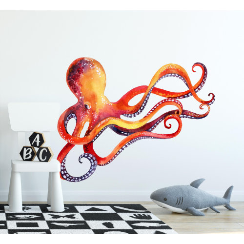 Red Octopus Wall Decal Peel and Stick Fabric Wall Sticker Sea Animal Ocean Octopus Nursery Decor