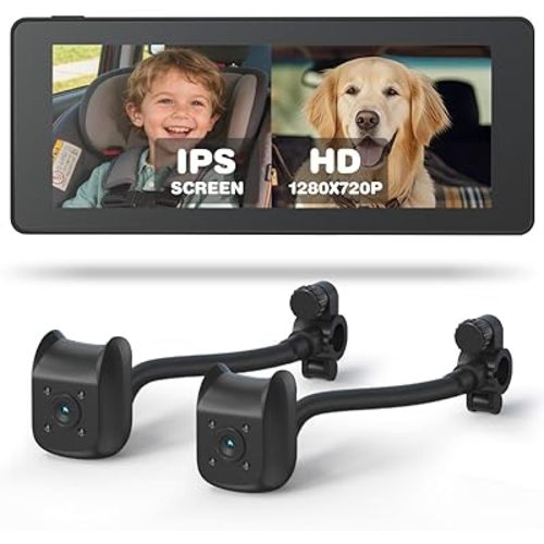 Baby Car Camera for 2 Kids | 6.86" 1080P IPS Dual-Camera Split Screen Monitor - 360° Rotation IR Night Vision - USB Powered for Rear Facing