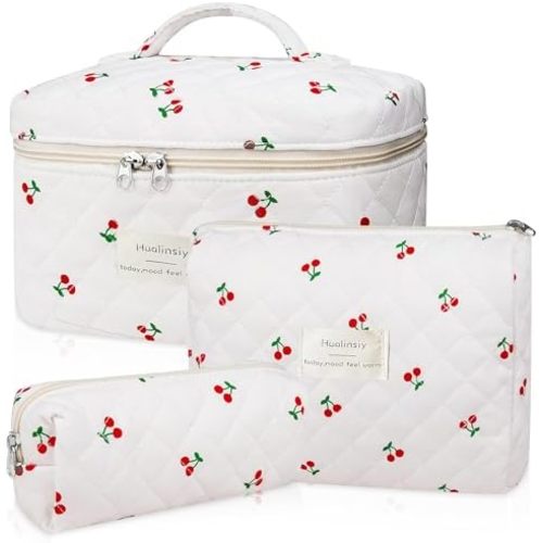 Makeup Bag Set , 3 PCS Cute Cherry Bag Set, Travel Toiletry Organizer Quilted Cherry Purse,Large Coquette Aesthetic Makeup Cosmetic Bag For Women (white-cherry)