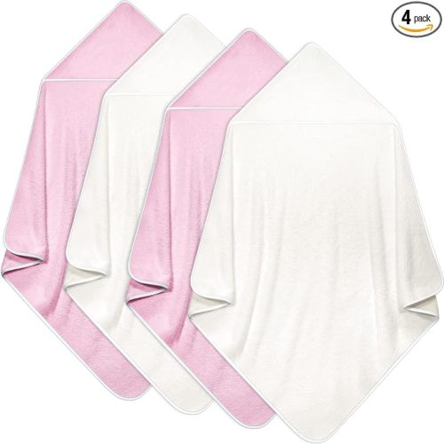 Reginary 4 Pack Baby Hooded Towels Coral Fleece Baby Bath Towels 30 x 30 Inch Soft Absorbent Hooded Bath Blanket for Newborn Toddler Infant Boy Girl Shower Gift Supplies (White, Pink)