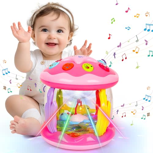 M SANMERSEN Baby Girl Toys 6-12 Months - Babies Ocean Rotating Projector Light Up Musical Toys for 12-18 Months Crawling Learning Tummy Time 1 2 Years Old Infant Boys Girls Pink