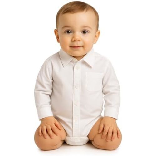 Little Things Mean A Lot Unisex Baby Poly Cotton Button Up White Dress Shirt Bodysuit Romper with Collar